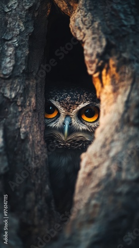 Yellow Eyes of an Owl Peering Through a Natural Wood Hole at Twilight