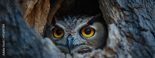 Yellow Eyes of an Owl Peering Through a Natural Wood Hole at Twilight photo