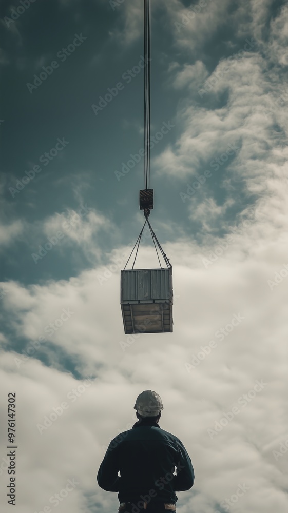 Worker directing loading of container or construction materials with crane, worker in hard hat below, concept of construction, transportation cargo and heavy lifting. Worker directing loading of container or construction materials with crane, worker in hard hat below, concept of construction, transportation cargo and heavy lifting.
