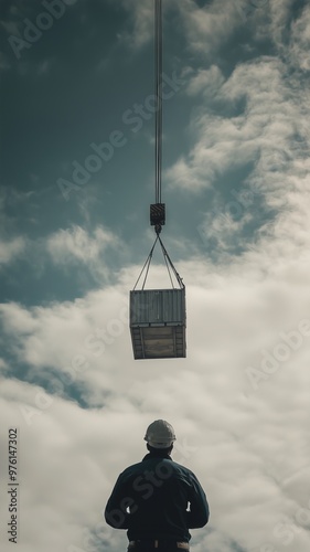 Worker directing loading of container or construction materials with crane, worker in hard hat below, concept of construction, transportation cargo and heavy lifting.