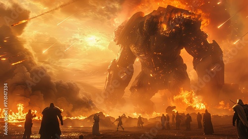 A Giant Robot Emerging From Blazing Fire and Smoke, with Silhouetted Figures Gazing Up