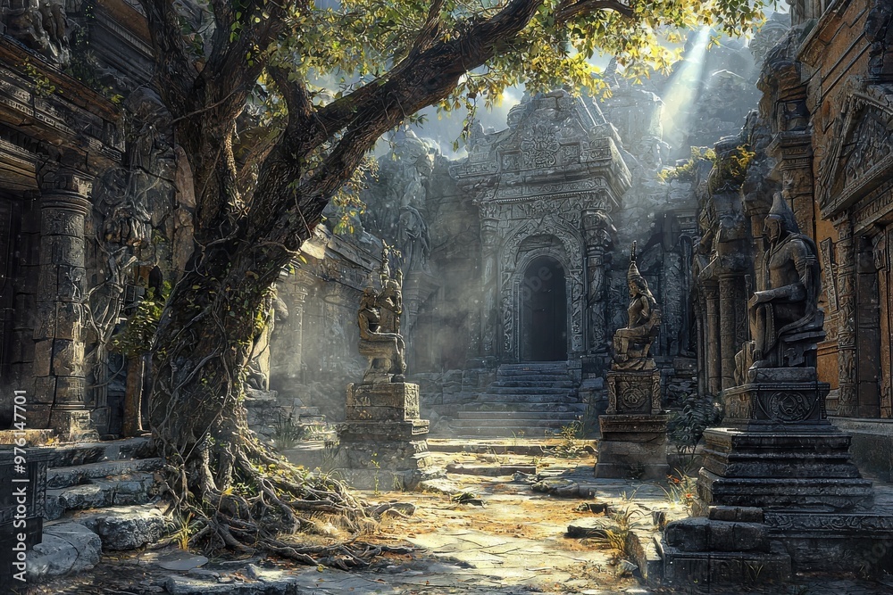 Naklejka premium Mysterious overgrown ancient ruins in lush jungle with sunlight streaming through