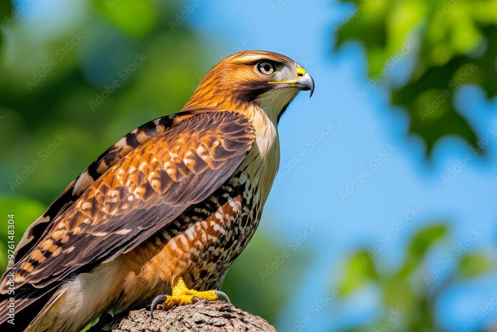 A hawk perched high in a tree, scanning the forest with its sharp eyes, its feathers sleek and its beak ready for the hunt A hawk perched high in a tree, scanning the forest with its sharp eyes, its feathers sleek and its beak ready for the hunt
