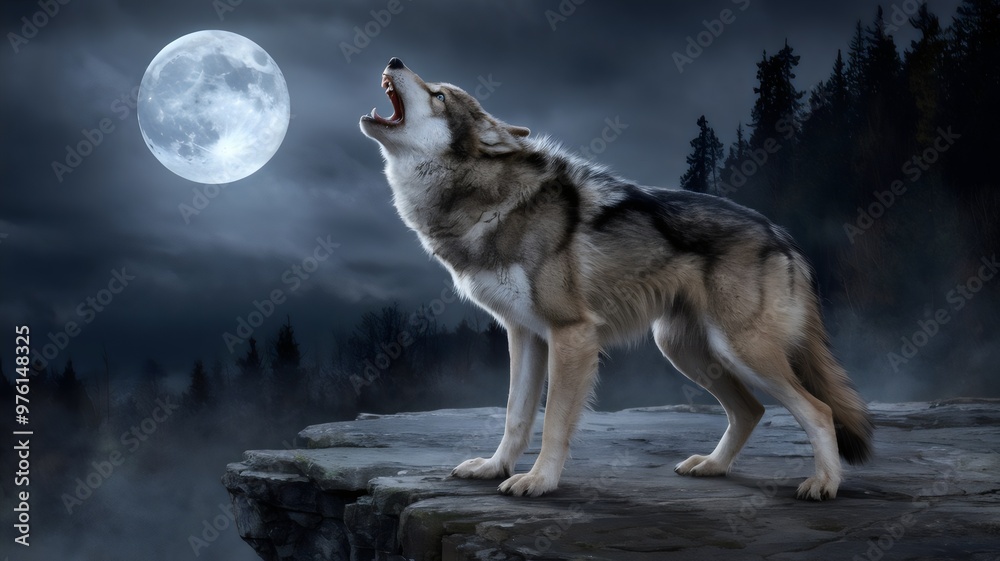 Naklejka premium A Powerful Werewolf Howls Under a Full Moon, Its Fur Bristling as It Stands on a Rocky Cliff