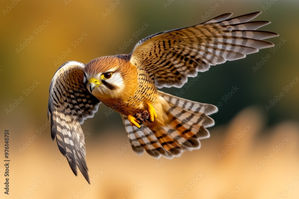 Fototapeta premium A kestrel hovering above a field, its wings beating rapidly, feathers spread wide as it focuses its beak on its prey below