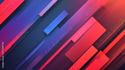 A bold, modern design with red, dark blue, and purple geometric shapes overlapping. It's a sporty banner with a gradient background.