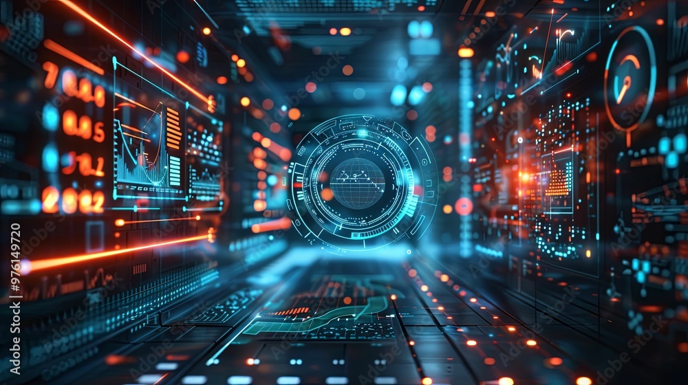 Futuristic Digital Interface with Glowing Data and Charts Futuristic Digital Interface with Glowing Data and Charts