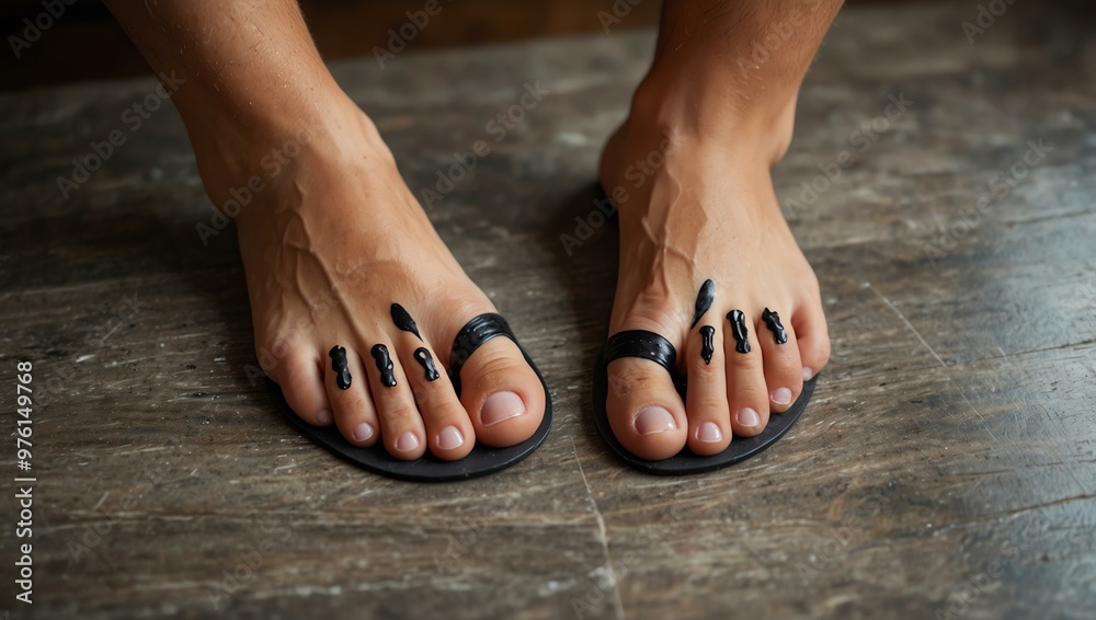 Handsome young man with toe separators showing off a freshly done pedicure at home, close-up. Handsome young man with toe separators showing off a freshly done pedicure at home, close-up.