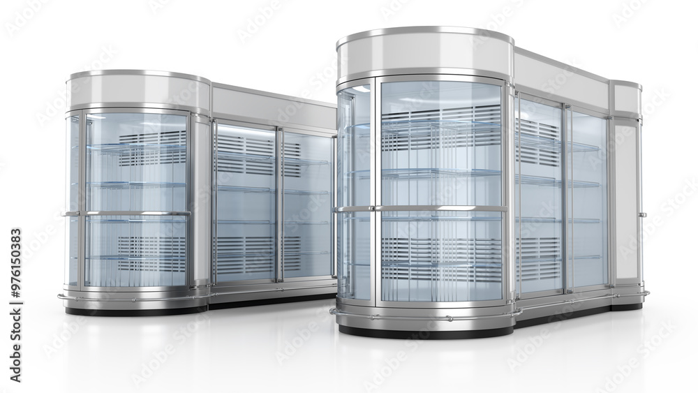 Commercial freezer empty display cabinet. 3d illustration set on white background Commercial freezer empty display cabinet. 3d illustration set on white background