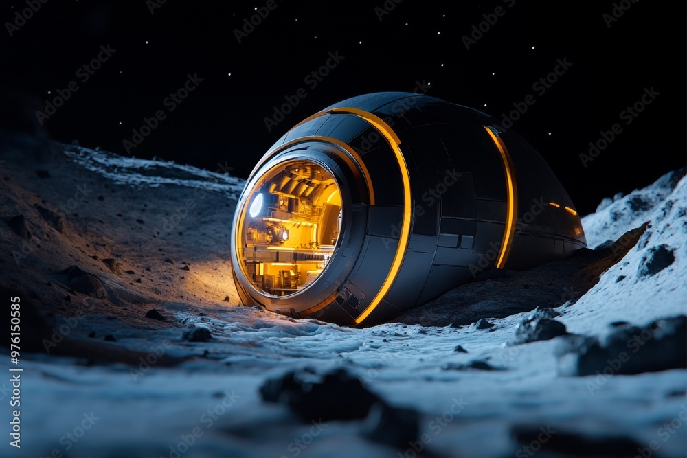 A moon base built into a crater, with lights from the base reflecting off the icy surface A moon base built into a crater, with lights from the base reflecting off the icy surface