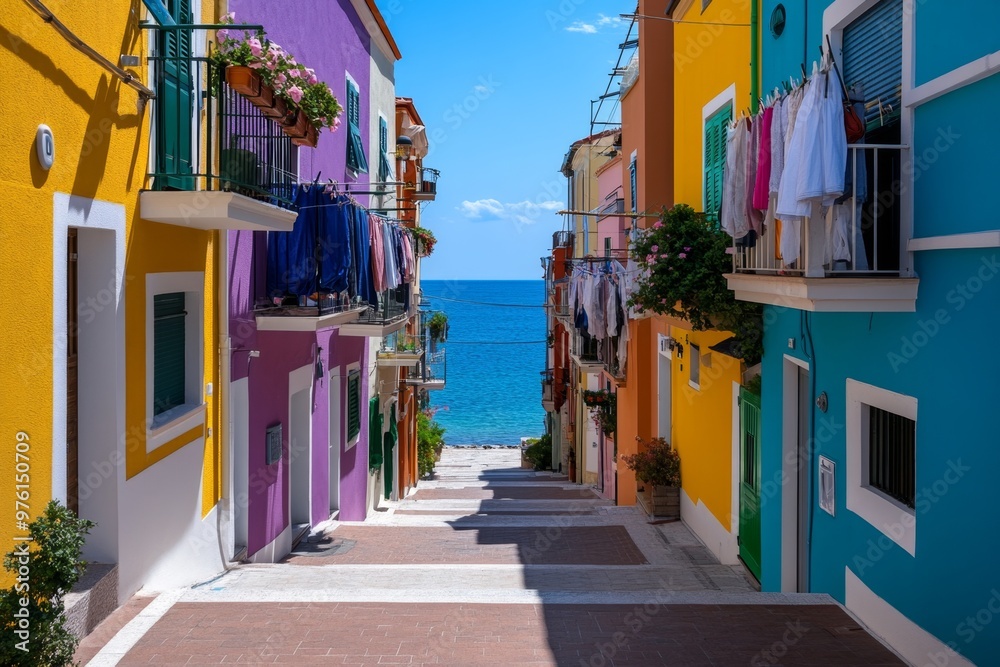 Obraz premium A narrow street in a Mediterranean city, with colorful buildings and clothes hanging from balconies