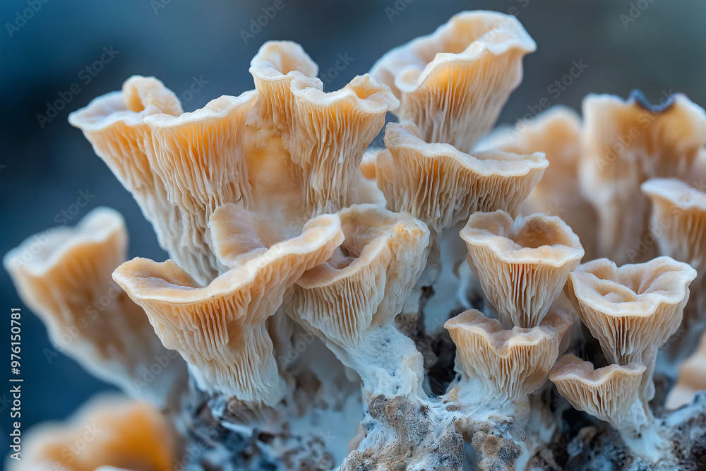 Closeup of intricate orange mushrooms structure with wavy gills and detailed texture, macro photograph, nature concept Closeup of intricate orange mushrooms structure with wavy gills and detailed texture, macro photograph, nature concept