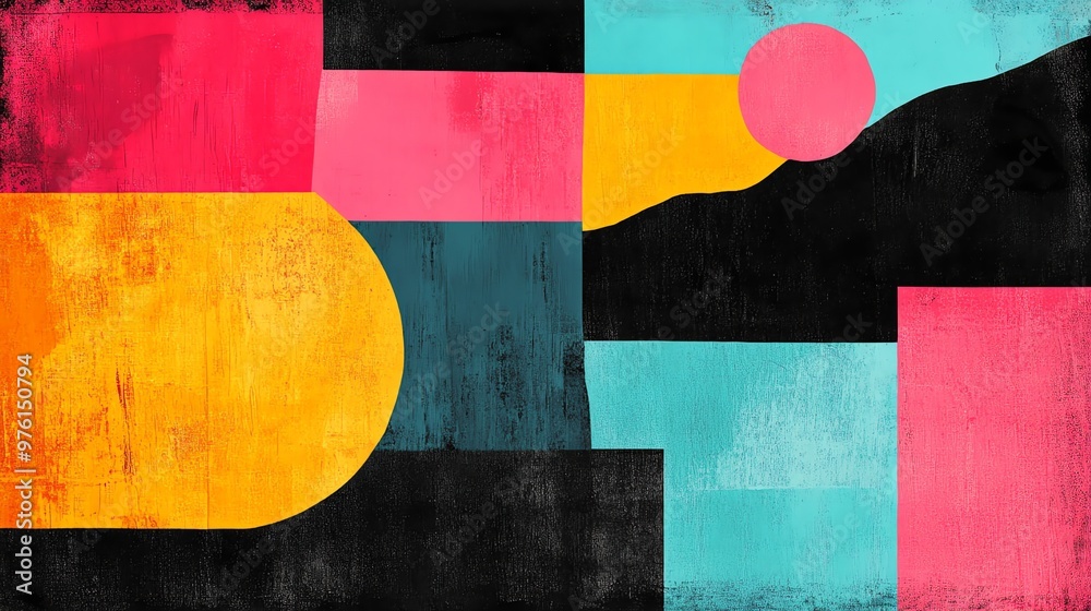 A geometric abstract painting with a textured feel featuring bold blocks of color and circles. A geometric abstract painting with a textured feel featuring bold blocks of color and circles.