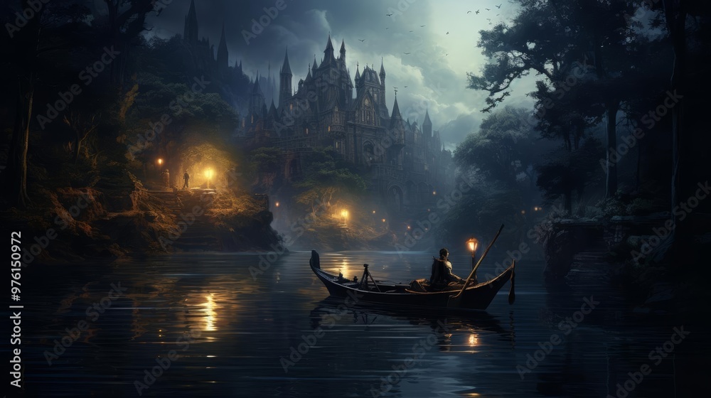 A romantic illustration of a moonlit gondola ride through a silent, foggy canal A romantic illustration of a moonlit gondola ride through a silent, foggy canal