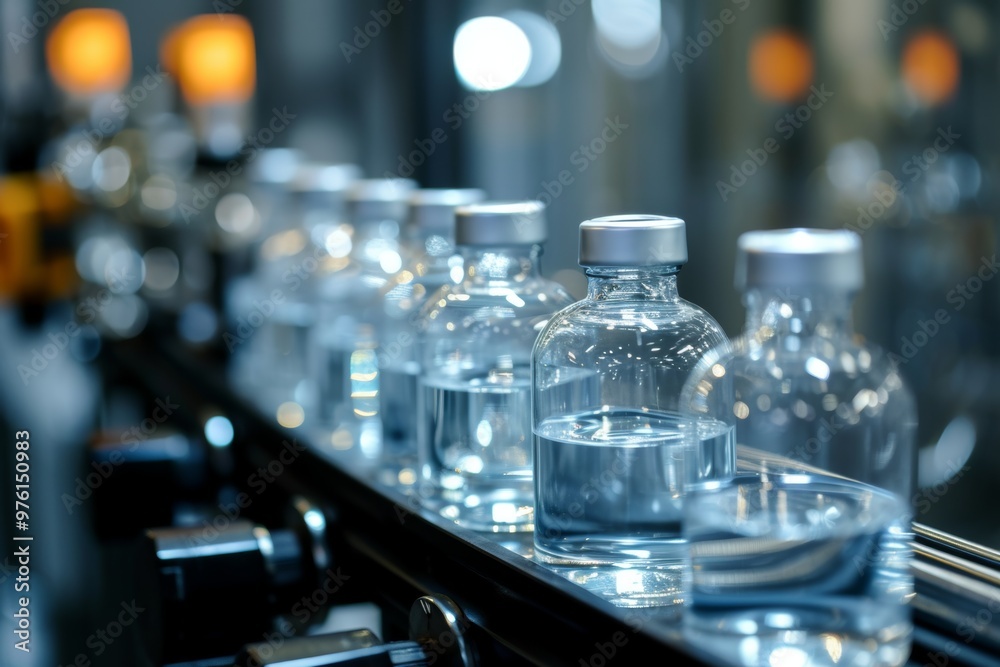 Rows of glass bottles filled with clear liquid are moving along a conveyor belt in a pharmaceutical production area during daytime Rows of glass bottles filled with clear liquid are moving along a conveyor belt in a pharmaceutical production area during daytime