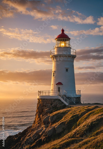 lighthouse on a cliff overlooking the ocean at sunset photo