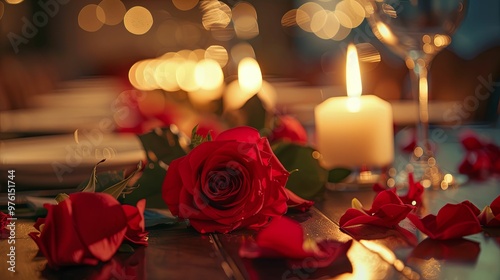 A Single Red Rose and Candlelight on a Table photo