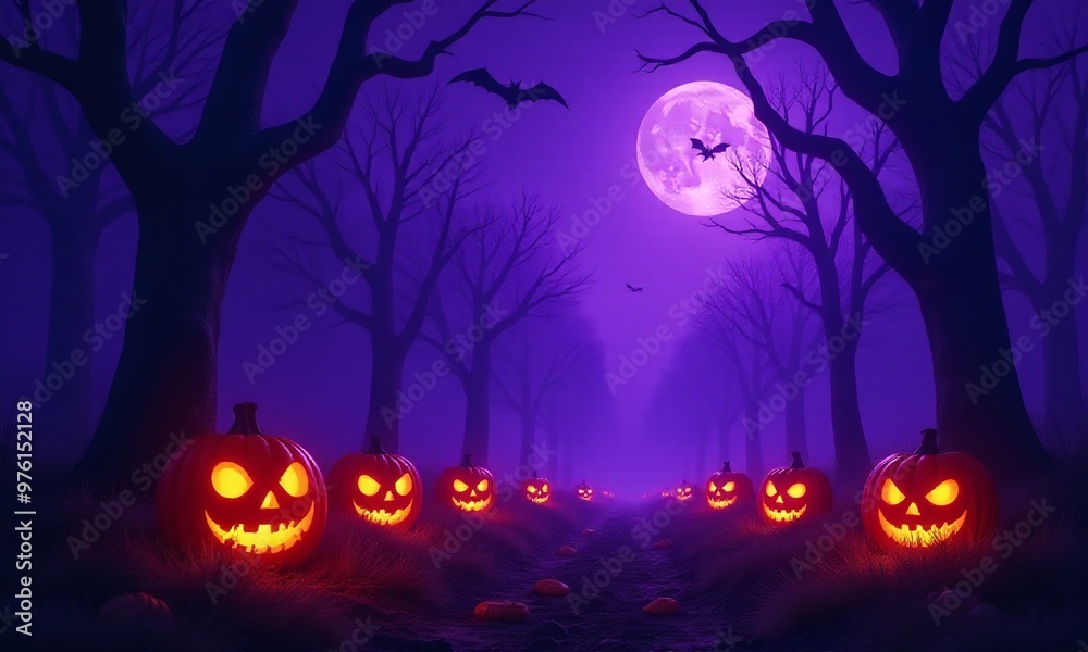 haunted forest, glowing jack-o'-lanterns, eerie purple night sky haunted forest, glowing jack-o'-lanterns, eerie purple night sky
