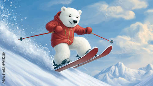 Polar Bear In Skier's Gear Skiing Down Slope On Skis Cartoon Illustration For Childrens Book Adorable Character Ski Gear Skiing Action Kids Storybook Fun Winter Scene