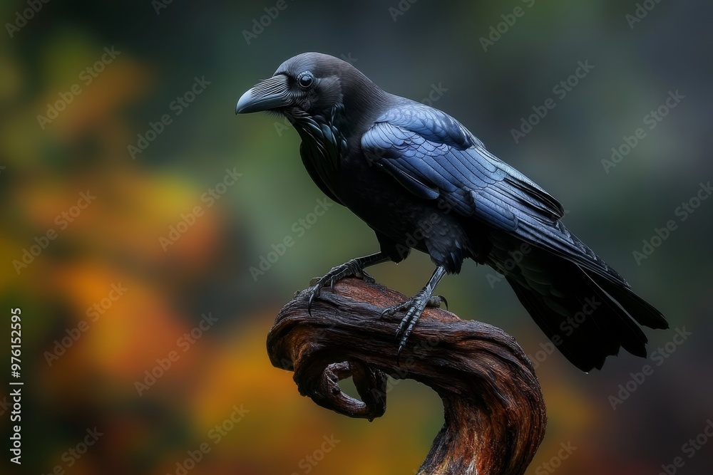 Obraz premium A raven with glossy black feathers and a sharp beak, perched on a twisted tree branch in a mysterious, foggy forest