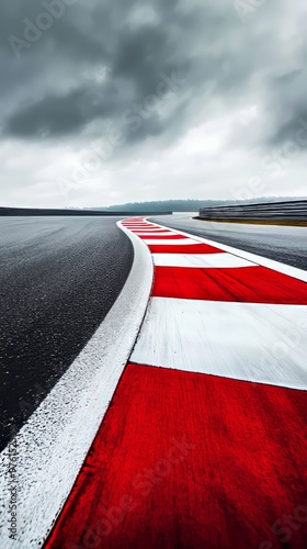 Red and white kerbs on a wet racetrack under dark clouds