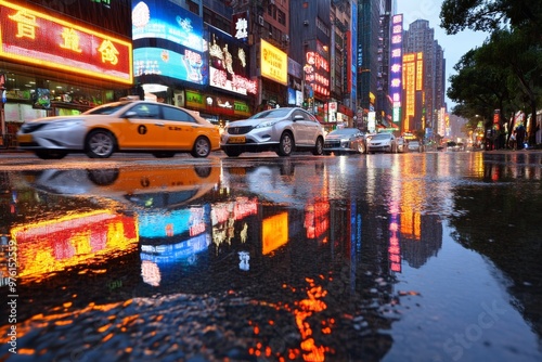 A rain-soaked city street, with reflections of neon signs shimmering on the pavement