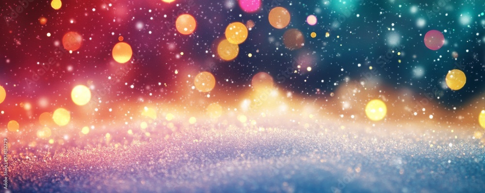 Obraz premium Snow falling on sparkling glitter with festive bokeh lights background