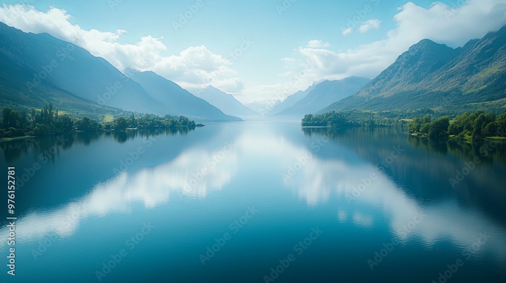 Serene Mountain Lake with Clear Reflections of Clouds and Lush Greenery Serene Mountain Lake with Clear Reflections of Clouds and Lush Greenery