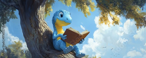 Blue lizard character reading a book on a tree branch photo