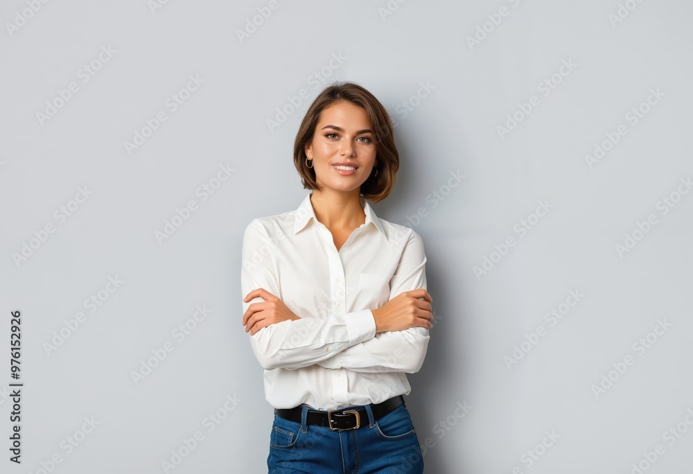 A confident young woman with long brown hair, wearing a white shirt and blue jeans, stands with crossed arms and a warm smile, against a plain gray background A confident young woman with long brown hair, wearing a white shirt and blue jeans, stands with crossed arms and a warm smile, against a plain gray background