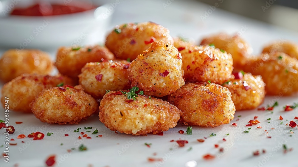 Crispy tater tots topped with chili flakes and parsley being served on white marble Crispy tater tots topped with chili flakes and parsley being served on white marble