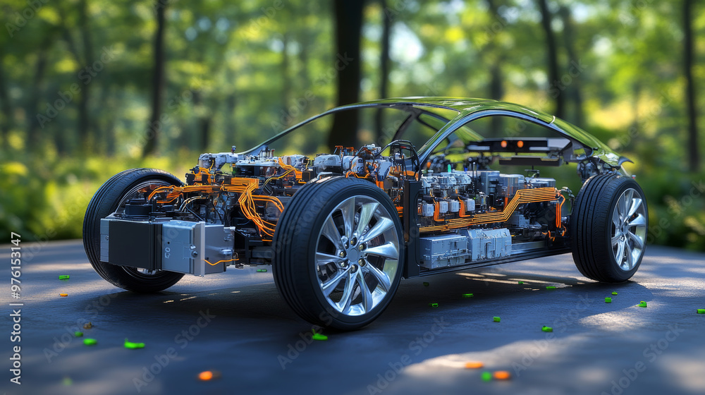The electrical components of a front-engine eco-friendly car.