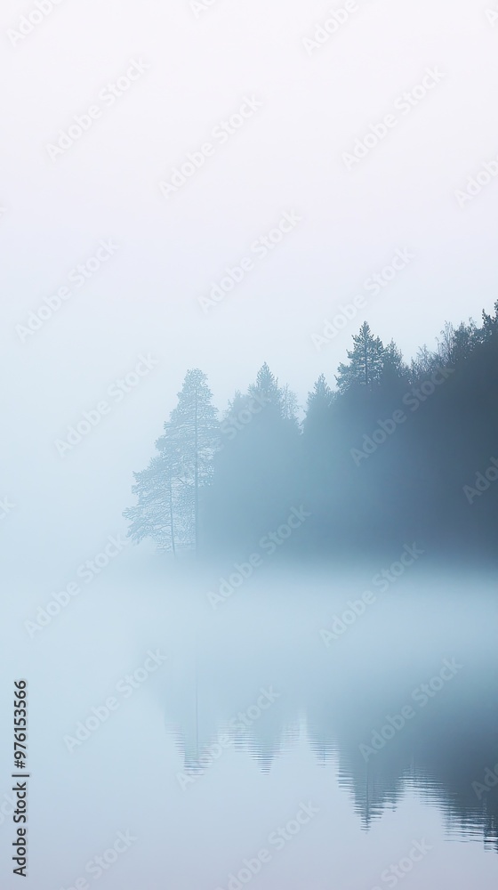 Fototapeta premium A serene mist envelops a tranquil lake, creating a beautiful reflection of trees in soft, ethereal hues of blue and gray.