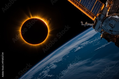 A solar eclipse viewed from space, with the darkened sun and glowing corona visible from orbit photo