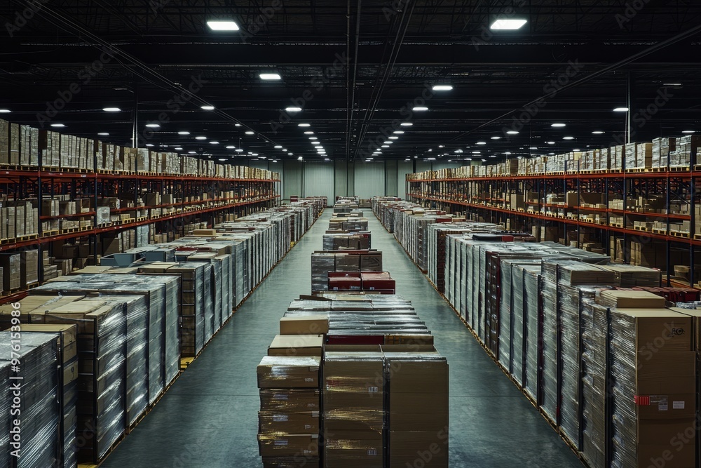 Expansive freight transportation warehouse featuring organized rows of shelves and racks Expansive freight transportation warehouse featuring organized rows of shelves and racks