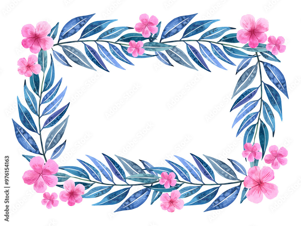 Obraz premium Pink blooming flowers blue leaves horizontal frame. Seasonal. Watercolour flower decor hand drawn illustration. Greeting cards. Isolated background. Painted botanical floral elements. Gift