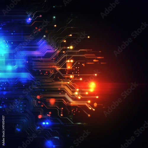 Abstract digital circuit artwork with vibrant lights and intricate patterns, ideal for technology and innovation themes. photo