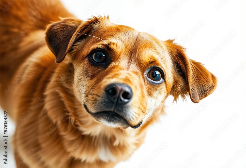 A close-up portrait of a golden retriever dog with a blue eyes and brown fur, looking directly at the camera with a slight tilt, is set against a white background, creating a striking contrast A close-up portrait of a golden retriever dog with a blue eyes and brown fur, looking directly at the camera with a slight tilt, is set against a white background, creating a striking contrast