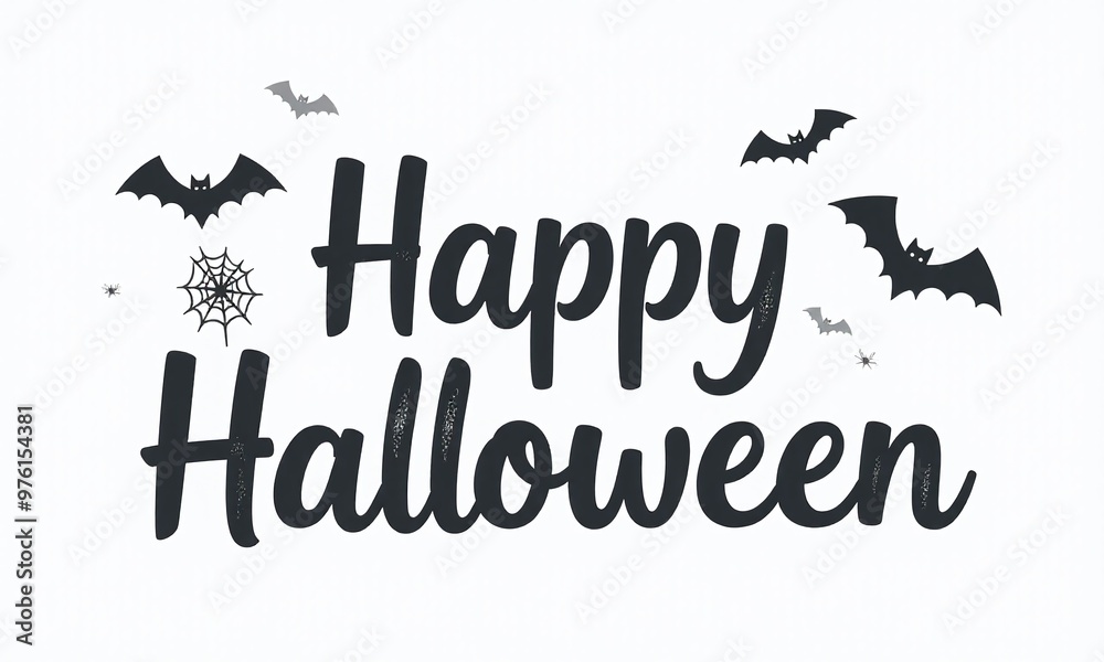 Happy Halloween text, spooky bats, spider web, minimalist black and white design Happy Halloween text, spooky bats, spider web, minimalist black and white design