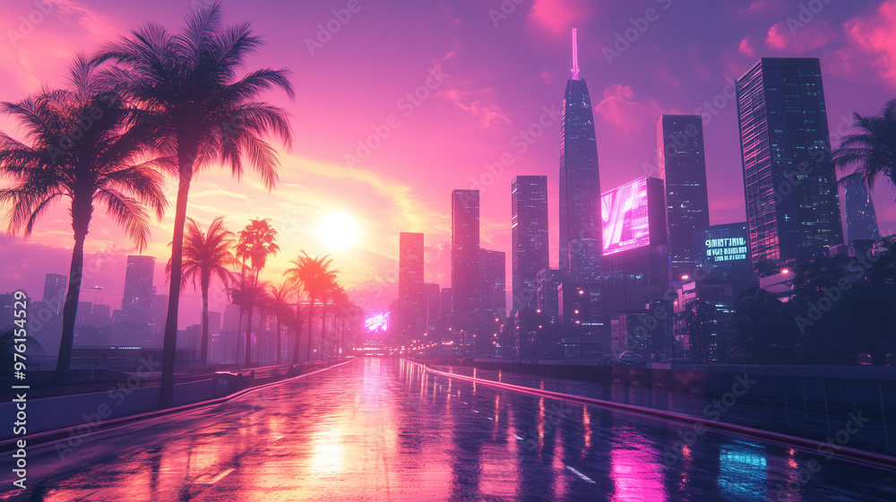 Fototapeta premium Neon Cyber Cityscape at Sunset with Glowing Grid Streets, Futuristic Skyscrapers, and Retro Vaporwave Aesthetic