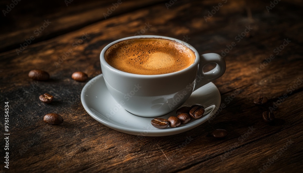 Espresso coffee cup elegantly placed with coffee beans on a charming vintage wooden table Espresso coffee cup elegantly placed with coffee beans on a charming vintage wooden table