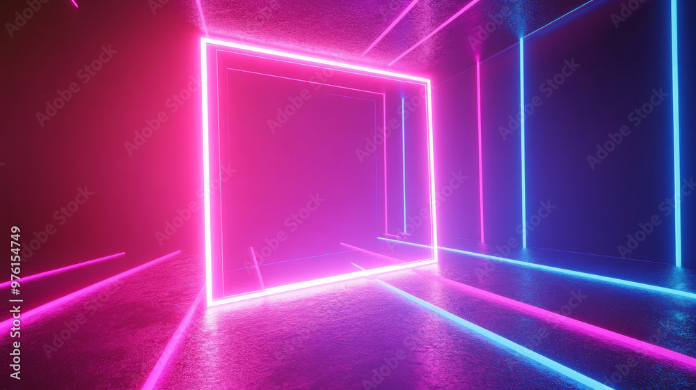 A square frame is outlined with glowing pink and blue neon lights. This is a 3D design. A square frame is outlined with glowing pink and blue neon lights. This is a 3D design.