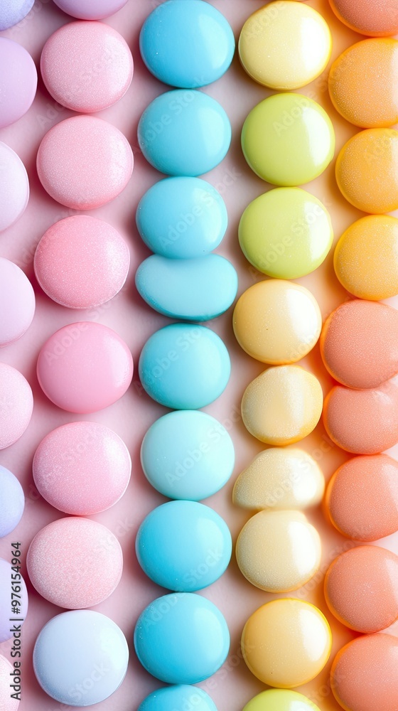Candy buttons in a variety of bright pastel colors arranged in rows Candy buttons in a variety of bright pastel colors arranged in rows