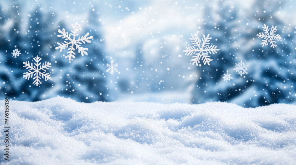 A snowy winter scene with falling snowflakes, perfect for Christmas. A snowy winter scene with falling snowflakes, perfect for Christmas.