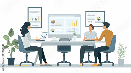 Three Colleagues Collaborating Around a Desk with Data and Charts