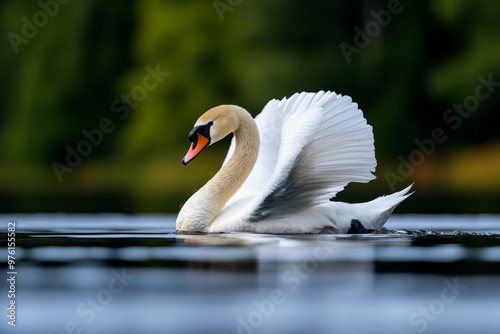 Fototapeta Naklejka Na Ścianę i Meble -  A swan gliding gracefully across a lake, its elegant white feathers contrasting with its black beak