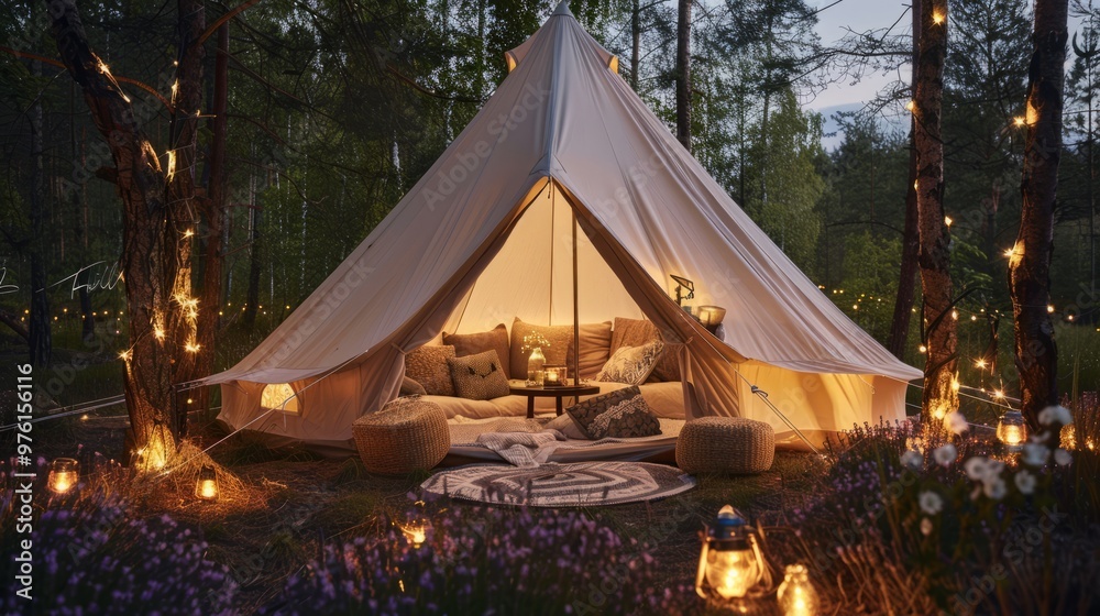 A white tent with a lantern inside and a blanket on the ground A white tent with a lantern inside and a blanket on the ground