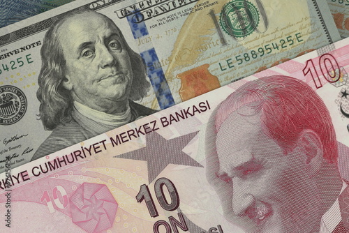 Fototapeta Naklejka Na Ścianę i Meble -  Turkish lira and US dollar banknotes. Cash. Financial concept.
