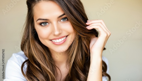 A young woman with long brown hair, wearing a white blouse and smiling, is the central focus of the image, set against a light beige background, captured from a slightly elevated angle