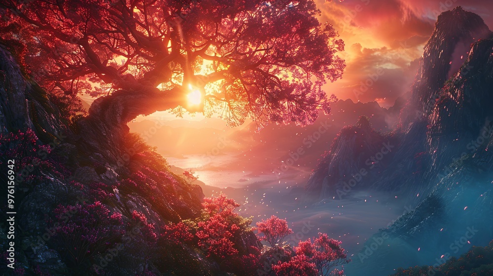Naklejka premium A majestic tree with fiery red leaves frames a serene mountain valley and a setting sun